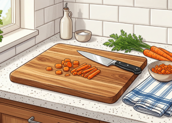 Tabla de cortar de madera sobre una encimera de cocina con zanahorias picadas, un cuchillo y utensilios de cocina.