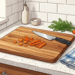 Tabla de cortar de madera sobre una encimera de cocina con zanahorias picadas, un cuchillo y utensilios de cocina.