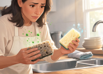 Mujer examinando una esponja de cocina vieja con bacterias frente a una esponja nueva y limpia en un entorno doméstico.