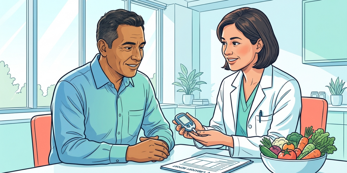 Ilustración de una doctora mostrando un glucómetro a un paciente masculino en su consultorio, con un tazón de verduras frescas y un reporte médico sobre el escritorio.