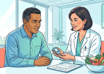 Ilustración de una doctora mostrando un glucómetro a un paciente masculino en su consultorio, con un tazón de verduras frescas y un reporte médico sobre el escritorio.
