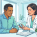 Ilustración de una doctora mostrando un glucómetro a un paciente masculino en su consultorio, con un tazón de verduras frescas y un reporte médico sobre el escritorio.