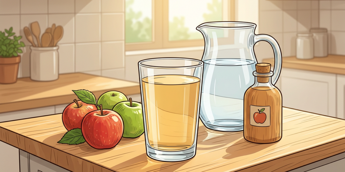 Ilustración de un vaso con bebida de vinagre de manzana, agua, manzanas frescas y una botella de vinagre sobre la encimera de madera de una cocina.