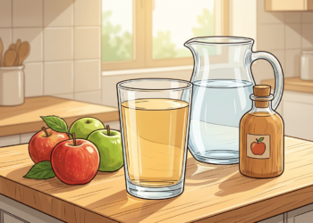 Ilustración de un vaso con bebida de vinagre de manzana, agua, manzanas frescas y una botella de vinagre sobre la encimera de madera de una cocina.