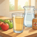 Ilustración de un vaso con bebida de vinagre de manzana, agua, manzanas frescas y una botella de vinagre sobre la encimera de madera de una cocina.