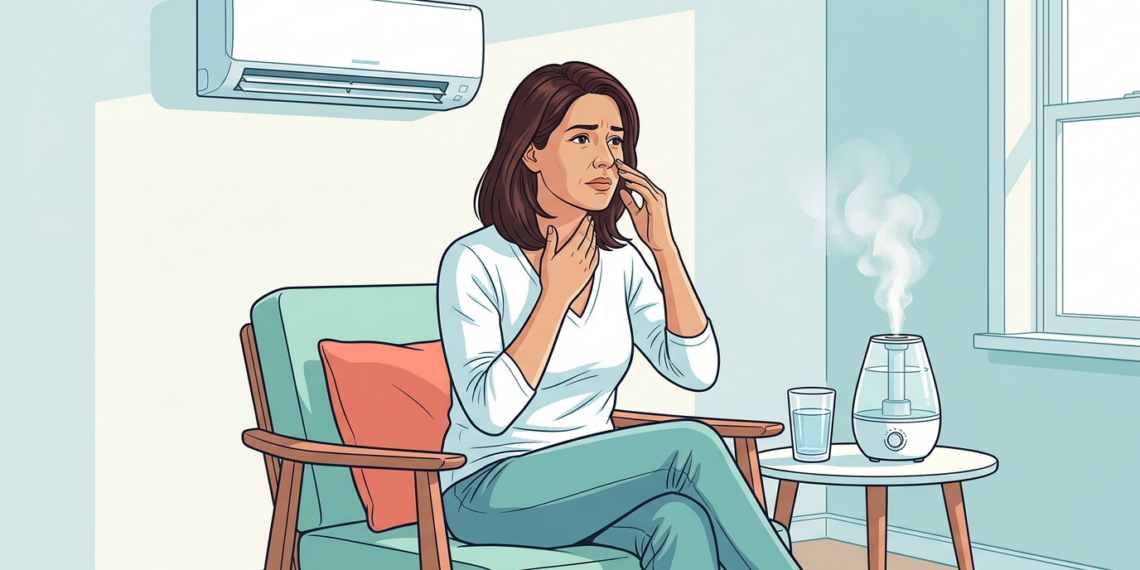 Ilustración de una mujer sentada en un sillón tocándose la garganta y la nariz bajo un aire acondicionado, con un humidificador encendido a su lado.