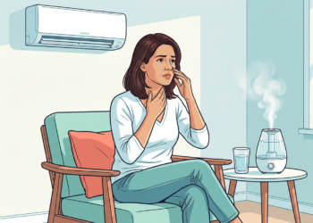 Ilustración de una mujer sentada en un sillón tocándose la garganta y la nariz bajo un aire acondicionado, con un humidificador encendido a su lado.