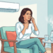 Ilustración de una mujer sentada en un sillón tocándose la garganta y la nariz bajo un aire acondicionado, con un humidificador encendido a su lado.