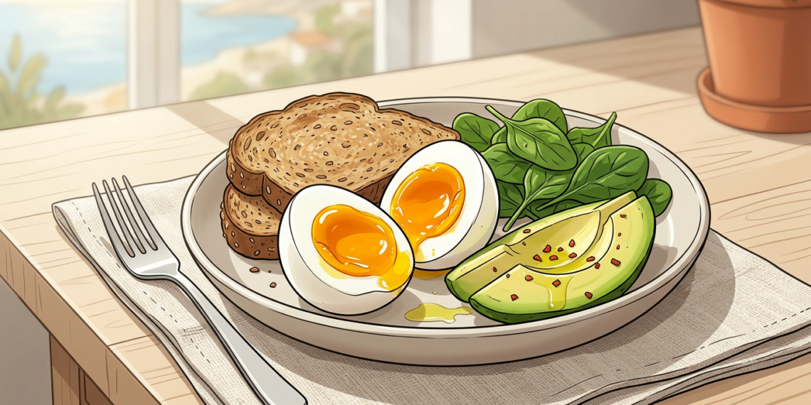 Ilustración de un plato nutritivo con huevos cocidos, tostadas de pan integral, aguacate y espinacas sobre una mesa de madera cerca de una ventana.