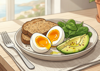Ilustración de un plato nutritivo con huevos cocidos, tostadas de pan integral, aguacate y espinacas sobre una mesa de madera cerca de una ventana.