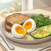 Ilustración de un plato nutritivo con huevos cocidos, tostadas de pan integral, aguacate y espinacas sobre una mesa de madera cerca de una ventana.