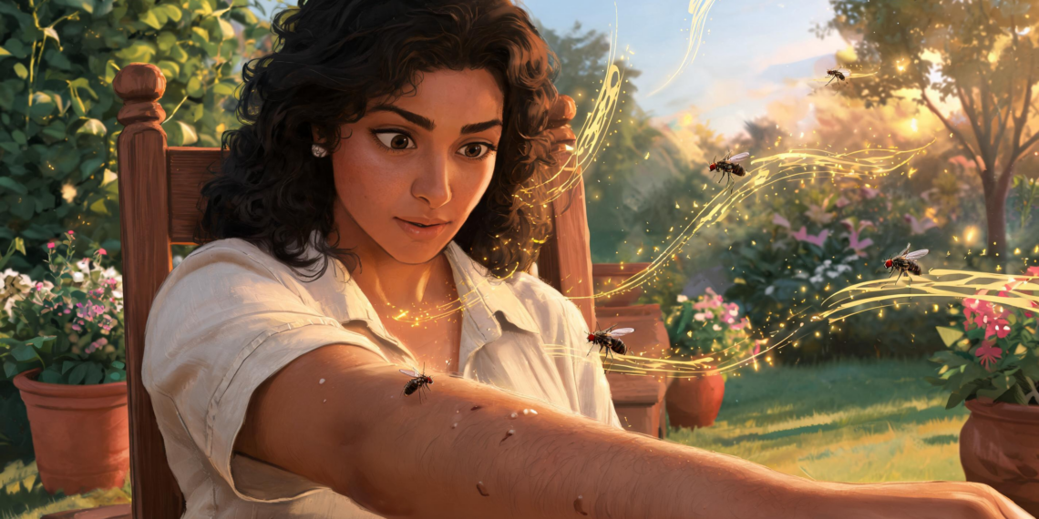 Mujer sorprendida por mosquitos en un jardín soleado, concepto científico sobre por qué los insectos atraen a ciertas personas.