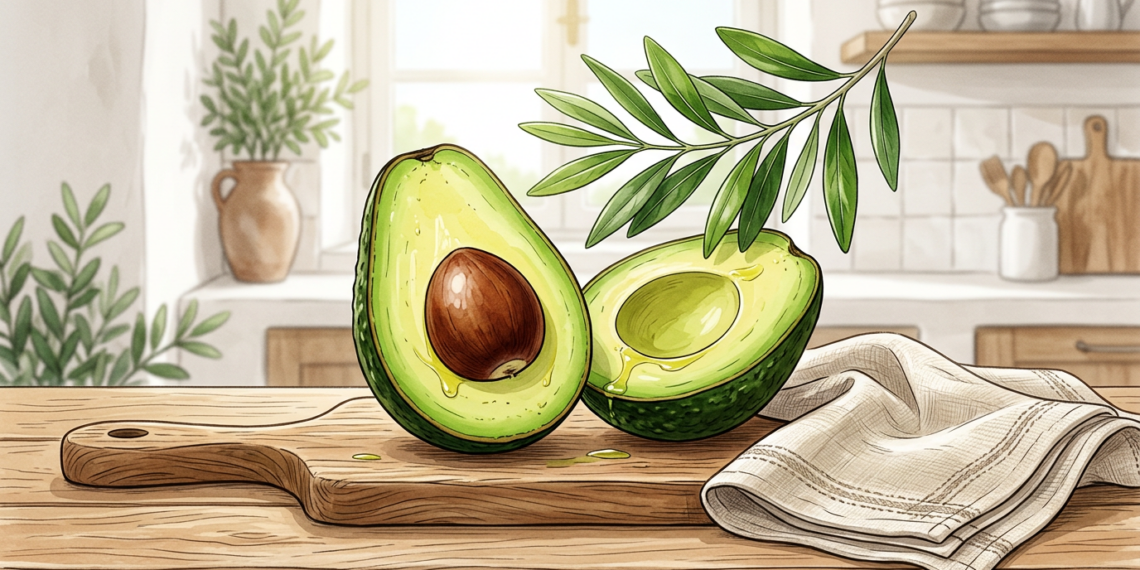 Dos mitades de aguacate fresco sobre una tabla de cortar de madera, acompañadas de una rama de olivo y un paño de cocina.