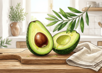 Dos mitades de aguacate fresco sobre una tabla de cortar de madera, acompañadas de una rama de olivo y un paño de cocina.