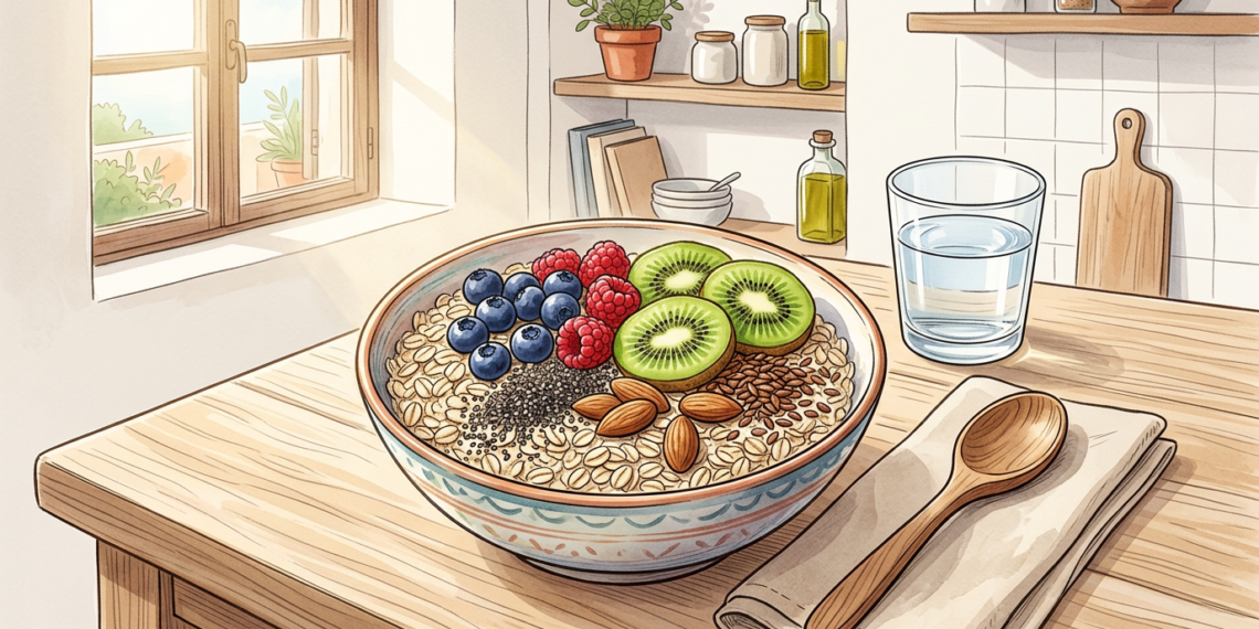 Ilustración de un tazón de avena con frutas frescas, semillas y almendras sobre una mesa de madera, representando una comida rica en fibra.