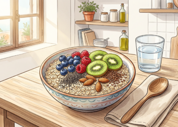 Ilustración de un tazón de avena con frutas frescas, semillas y almendras sobre una mesa de madera, representando una comida rica en fibra.
