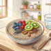 Ilustración de un tazón de avena con frutas frescas, semillas y almendras sobre una mesa de madera, representando una comida rica en fibra.