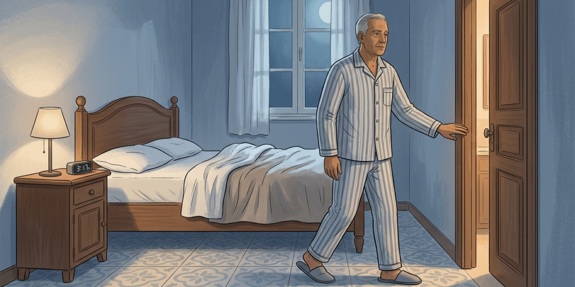 Ilustración de un hombre mayor en pijama caminando por su habitación en plena noche para ir al baño.