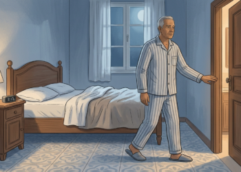Ilustración de un hombre mayor en pijama caminando por su habitación en plena noche para ir al baño.
