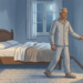 Ilustración de un hombre mayor en pijama caminando por su habitación en plena noche para ir al baño.