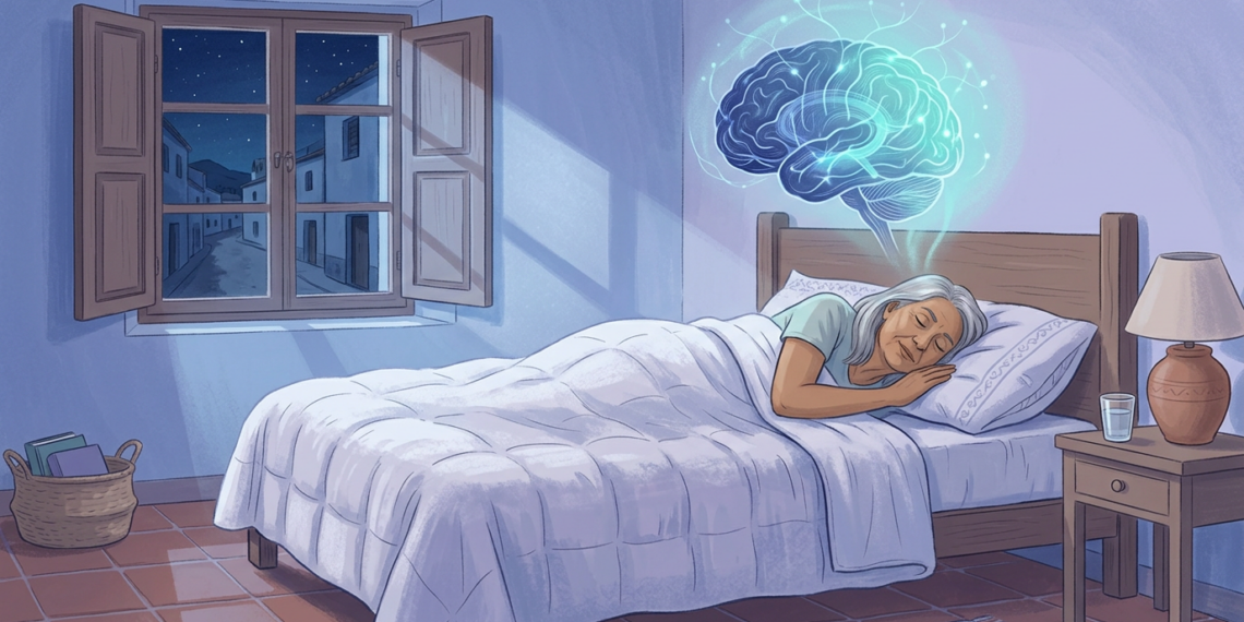 Ilustración de una mujer mayor durmiendo plácidamente en su cama con un cerebro luminoso flotando sobre su cabeza.