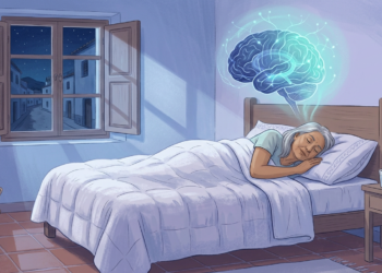 Ilustración de una mujer mayor durmiendo plácidamente en su cama con un cerebro luminoso flotando sobre su cabeza.
