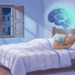 Ilustración de una mujer mayor durmiendo plácidamente en su cama con un cerebro luminoso flotando sobre su cabeza.