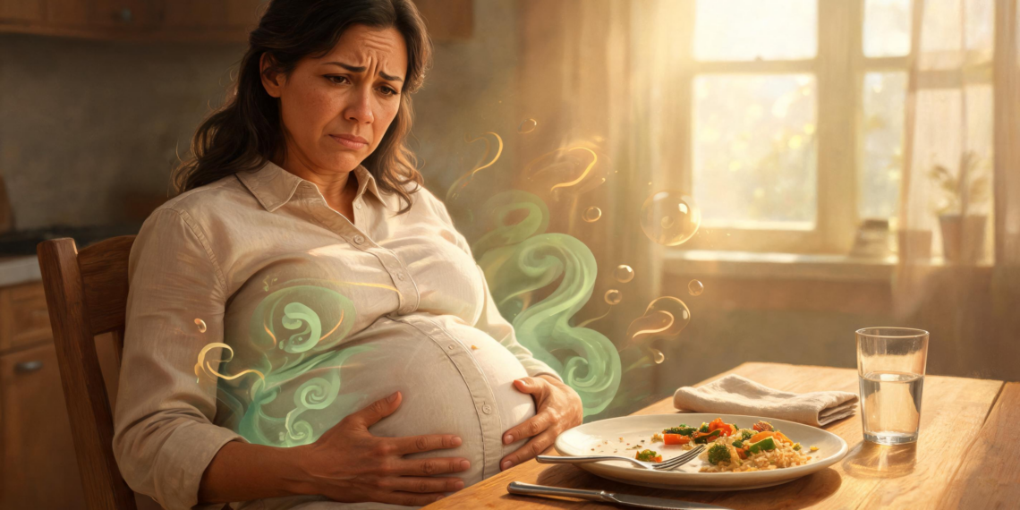 Mujer embarazada o con hinchazón abdominal en una mesa de comedor, experimentando molestias digestivas representadas por vapores, imagen ilustrativa sobre SIBO.
