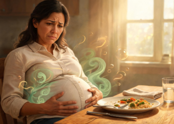 Mujer embarazada o con hinchazón abdominal en una mesa de comedor, experimentando molestias digestivas representadas por vapores, imagen ilustrativa sobre SIBO.