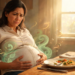 Mujer embarazada o con hinchazón abdominal en una mesa de comedor, experimentando molestias digestivas representadas por vapores, imagen ilustrativa sobre SIBO.