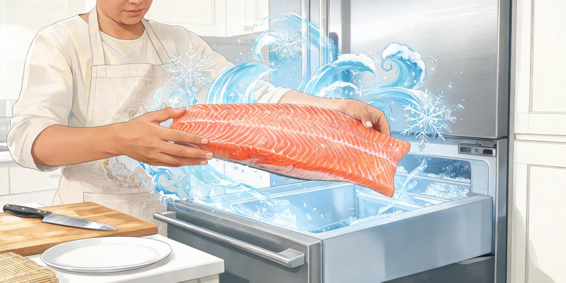 Persona cocinando colocando un filete de salmón fresco en el congelador, rodeado de efectos visuales de hielo.