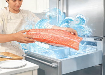 Persona cocinando colocando un filete de salmón fresco en el congelador, rodeado de efectos visuales de hielo.