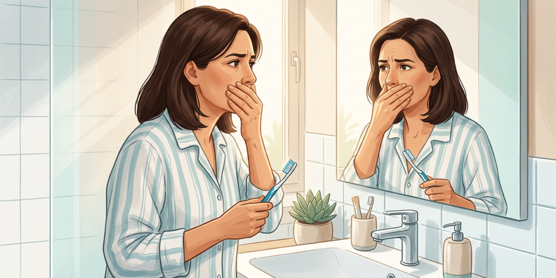 Ilustración de una mujer preocupada cubriéndose la boca frente al espejo del baño, sosteniendo un cepillo de dientes.