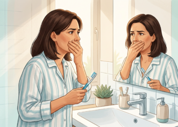 Ilustración de una mujer preocupada cubriéndose la boca frente al espejo del baño, sosteniendo un cepillo de dientes.