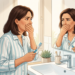 Ilustración de una mujer preocupada cubriéndose la boca frente al espejo del baño, sosteniendo un cepillo de dientes.
