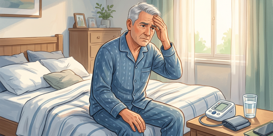 Ilustración de un hombre mayor sentado en el borde de su cama tocándose la cabeza con expresión de dolor, con un tensiómetro visible en la mesita de noche.