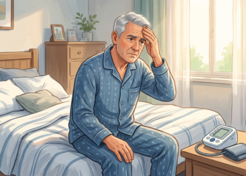 Ilustración de un hombre mayor sentado en el borde de su cama tocándose la cabeza con expresión de dolor, con un tensiómetro visible en la mesita de noche.