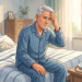 Ilustración de un hombre mayor sentado en el borde de su cama tocándose la cabeza con expresión de dolor, con un tensiómetro visible en la mesita de noche.