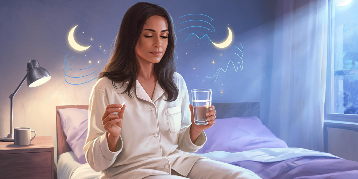 Mujer en pijama tomando un suplemento de melatonina con un vaso de agua antes de dormir, concepto de rutina nocturna saludable.
