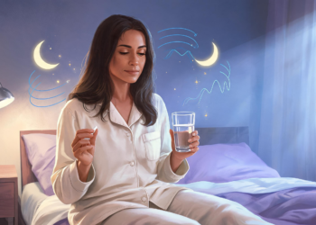 Mujer en pijama tomando un suplemento de melatonina con un vaso de agua antes de dormir, concepto de rutina nocturna saludable.