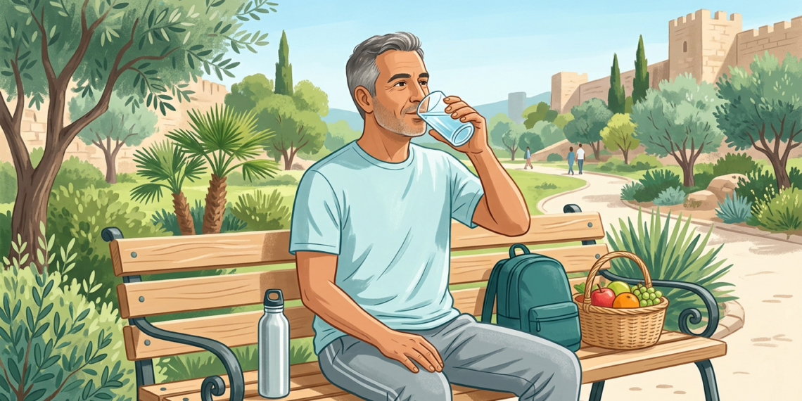 Ilustración de un hombre mayor bebiendo agua sentado en un banco de parque junto a una cesta de frutas.