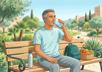 Ilustración de un hombre mayor bebiendo agua sentado en un banco de parque junto a una cesta de frutas.