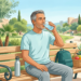 Ilustración de un hombre mayor bebiendo agua sentado en un banco de parque junto a una cesta de frutas.