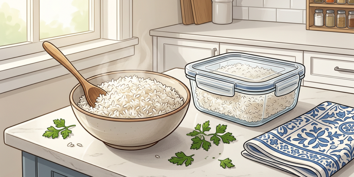 Cuenco con arroz caliente y humeante junto a un recipiente hermético de cristal con arroz sobre una encimera de cocina.
