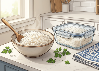 Cuenco con arroz caliente y humeante junto a un recipiente hermético de cristal con arroz sobre una encimera de cocina.