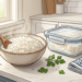 Cuenco con arroz caliente y humeante junto a un recipiente hermético de cristal con arroz sobre una encimera de cocina.
