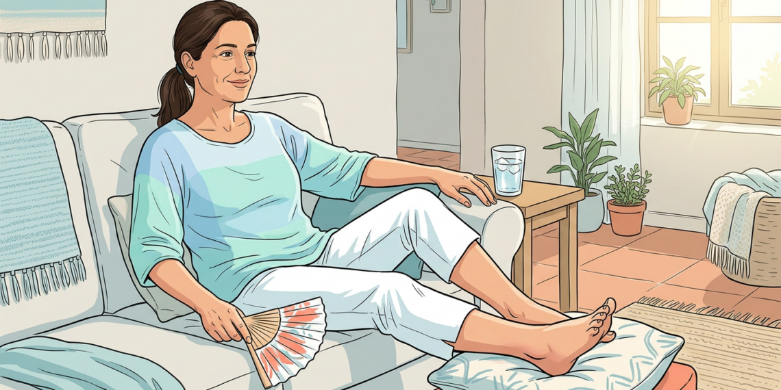 Ilustración de una mujer sentada en un sofá, aliviando el calor con un abanico y descansando sus pies descalzos y elevados sobre un cojín para reducir la hinchazón.