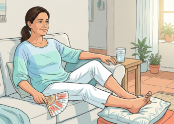 Ilustración de una mujer sentada en un sofá, aliviando el calor con un abanico y descansando sus pies descalzos y elevados sobre un cojín para reducir la hinchazón.