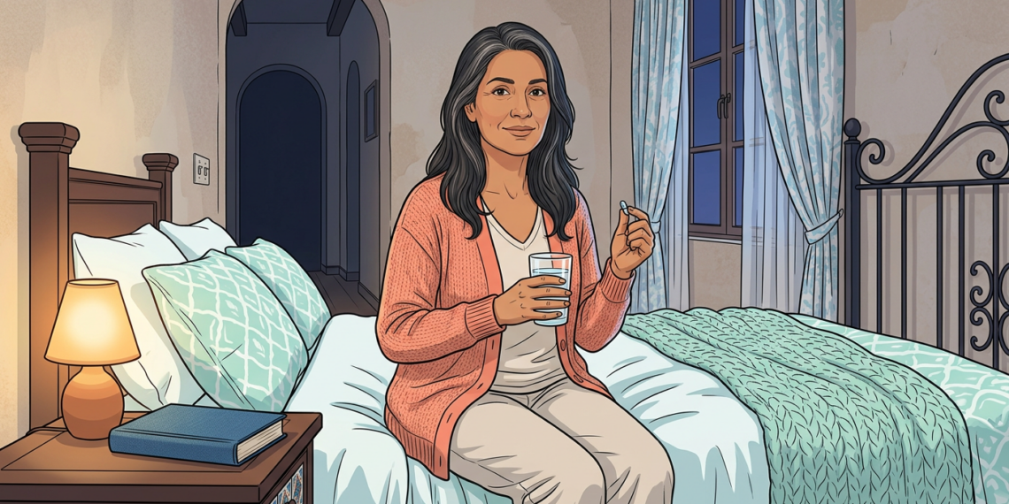 Ilustración de una mujer sentada en su cama por la noche, sosteniendo un vaso de agua y una pastilla antes de dormir.