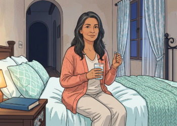 Ilustración de una mujer sentada en su cama por la noche, sosteniendo un vaso de agua y una pastilla antes de dormir.